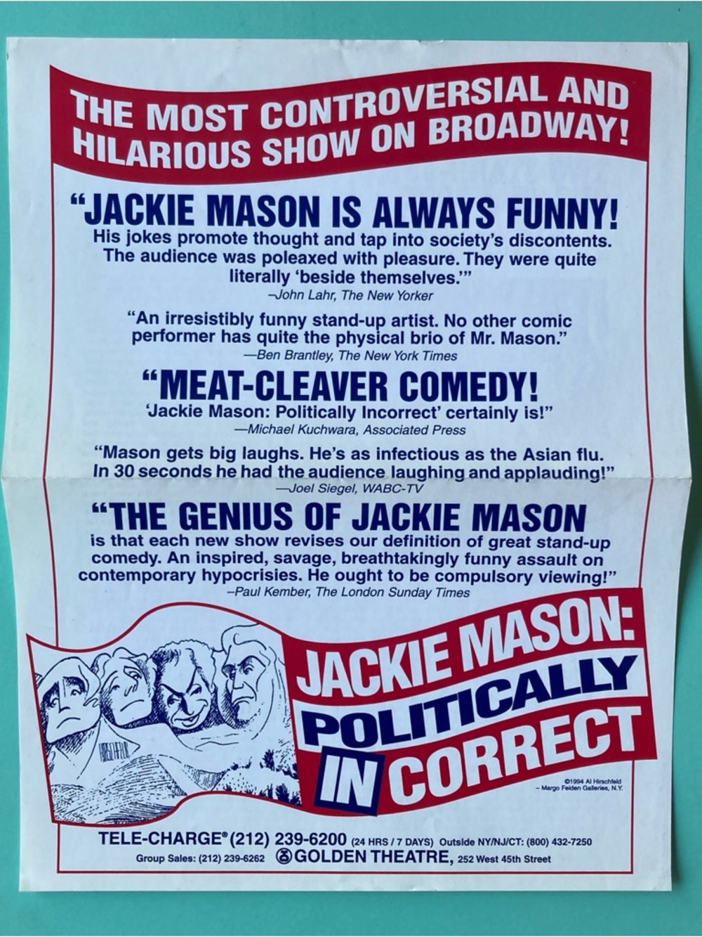 2 Sided Flyer Jackie Mason: Politically Incorrect  8”X10” 1994 GOLDEN THEATRE